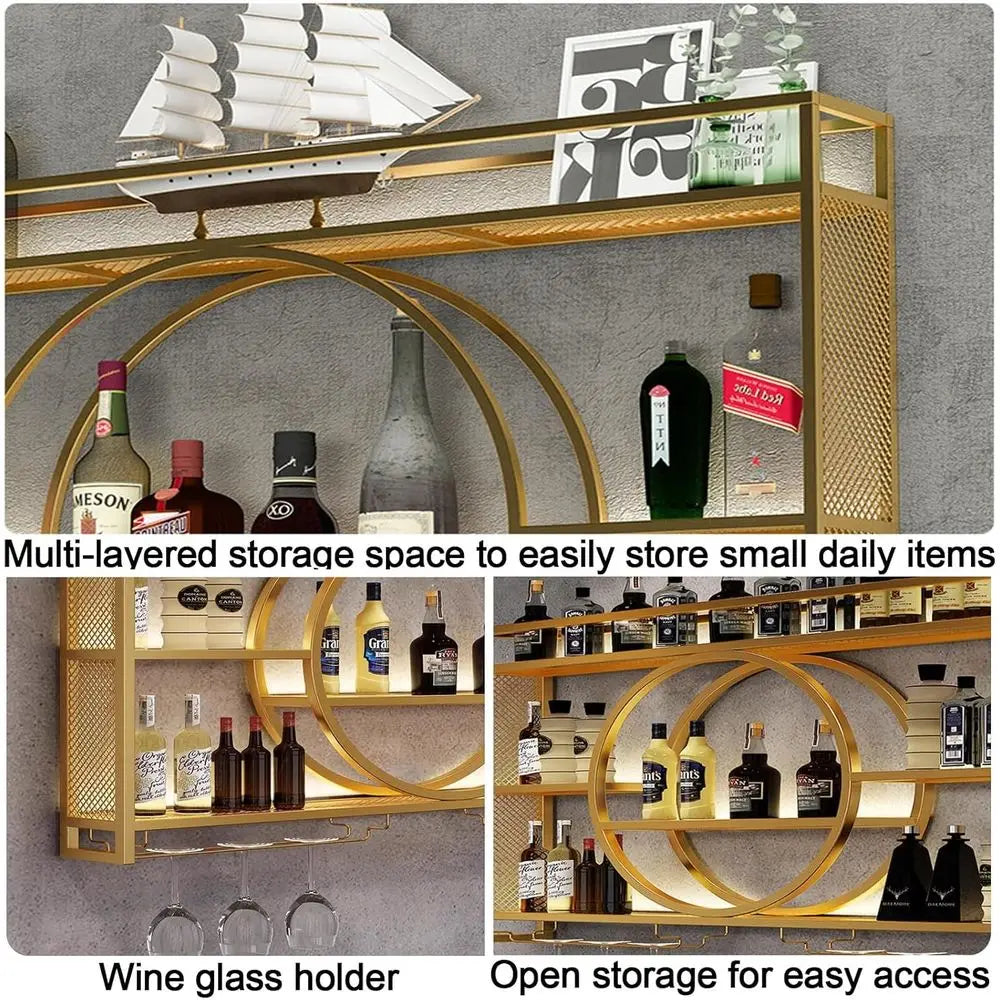 Wall Mounted Wine Rack With LED Light And Glass Holder