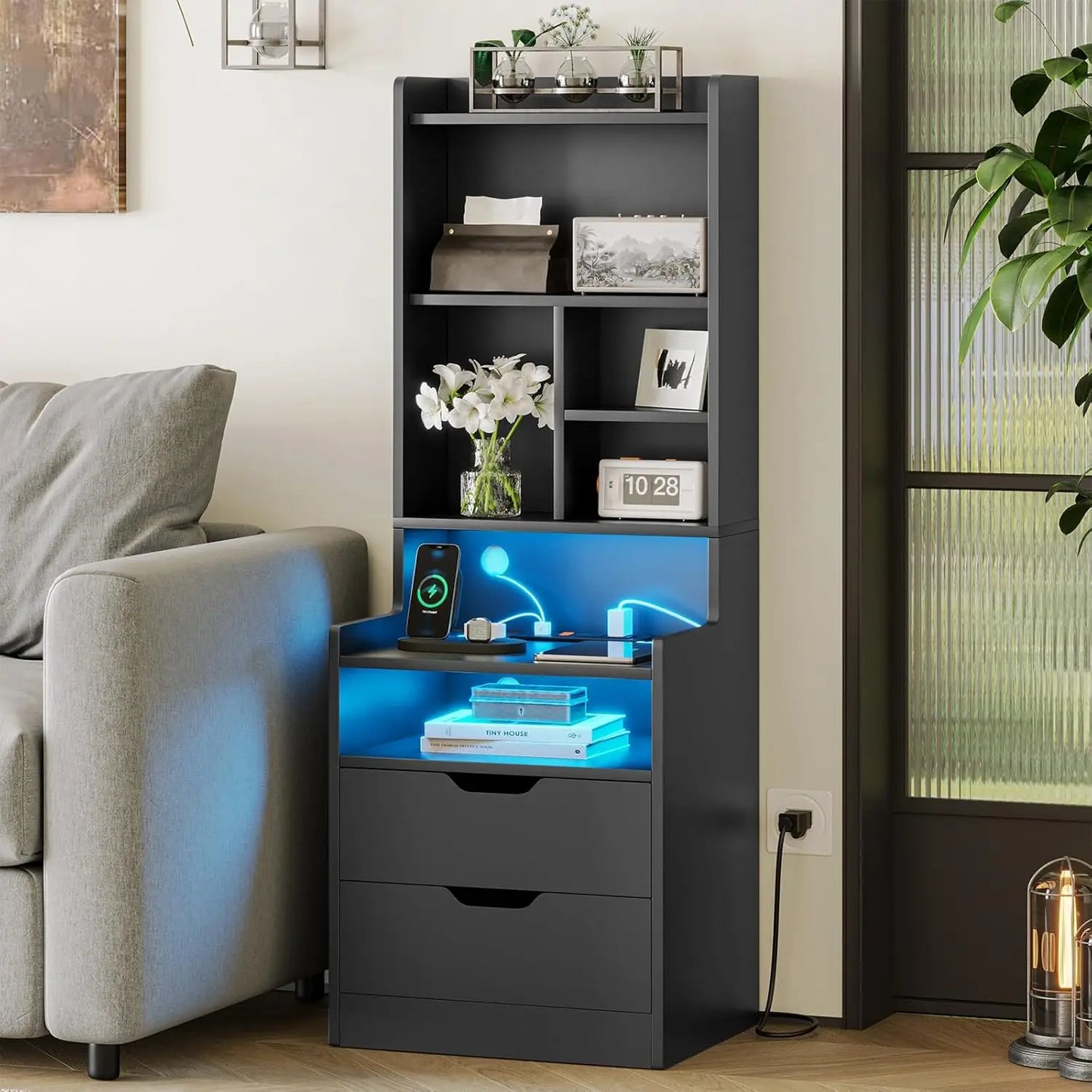 GUANGBAI Set of 2 Side Charging Nightstands With LED Lights