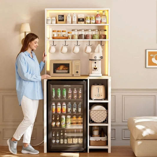 7-Tier Kitchen Microwave Stand With Mini Fridge Space LED Lights