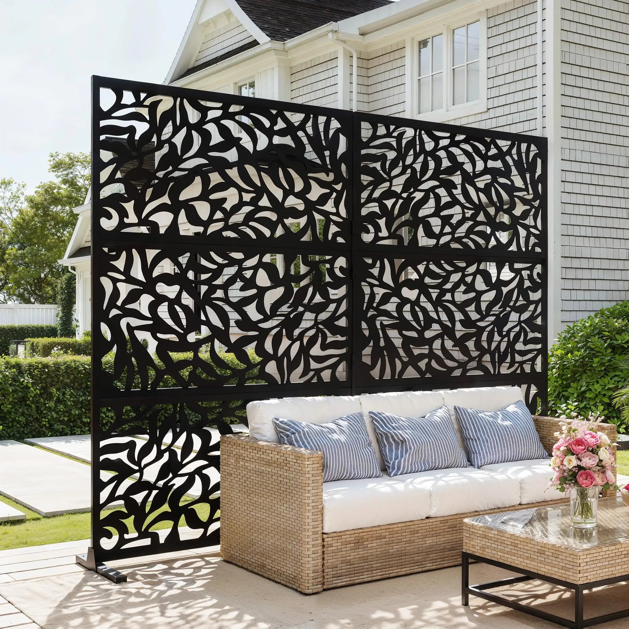 HiMISS Outdoor Metal Privacy Screen Freestanding Laser Cut Fence Panel
