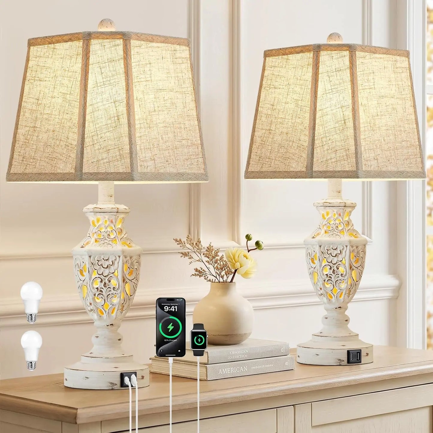 Set Of 2 Boho Nightstand Lamps With USB A And USB C Nightlight