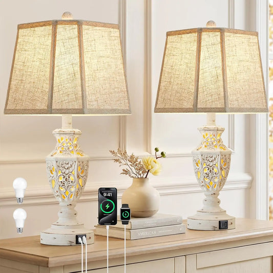 Set Of 2 Boho Nightstand Lamps With USB A And USB C Nightlight