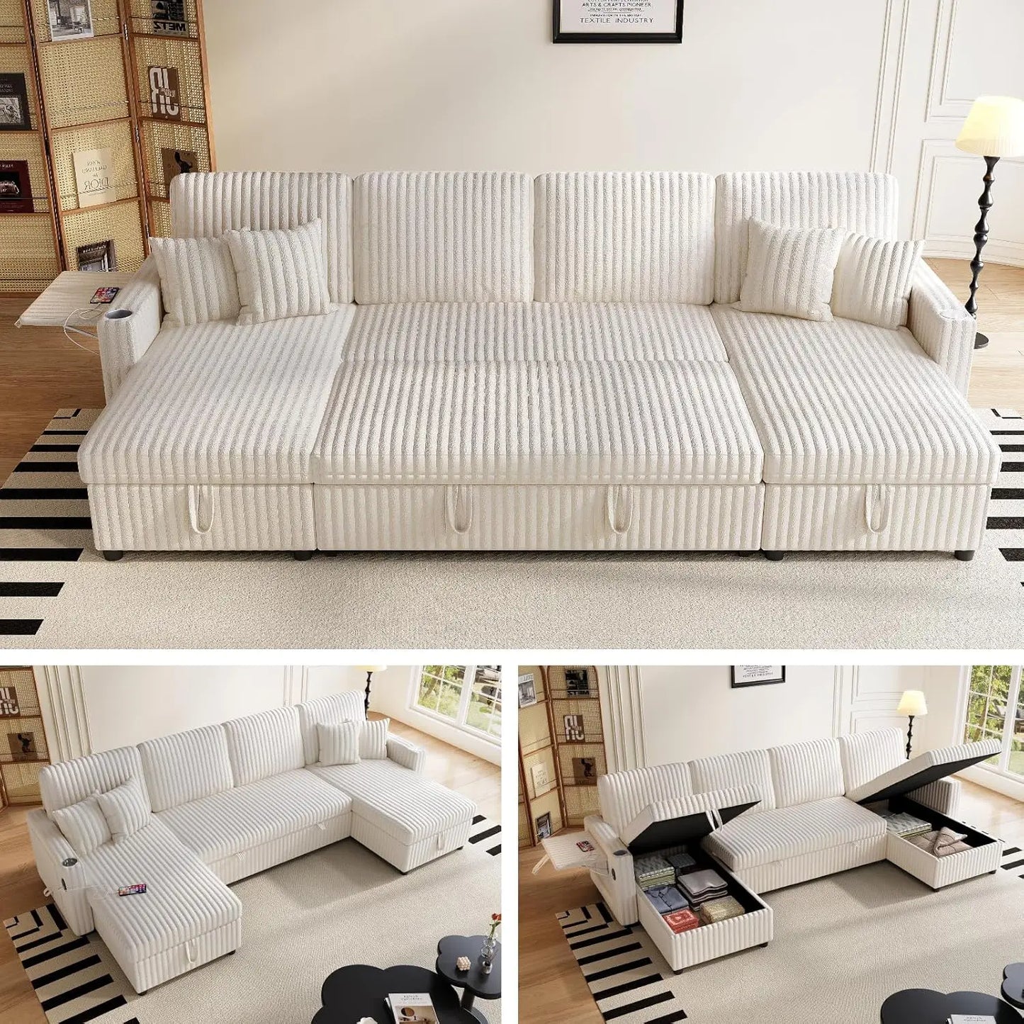 U Shaped Sleeper Sectional Sofa USB Pullout Bed And Storage