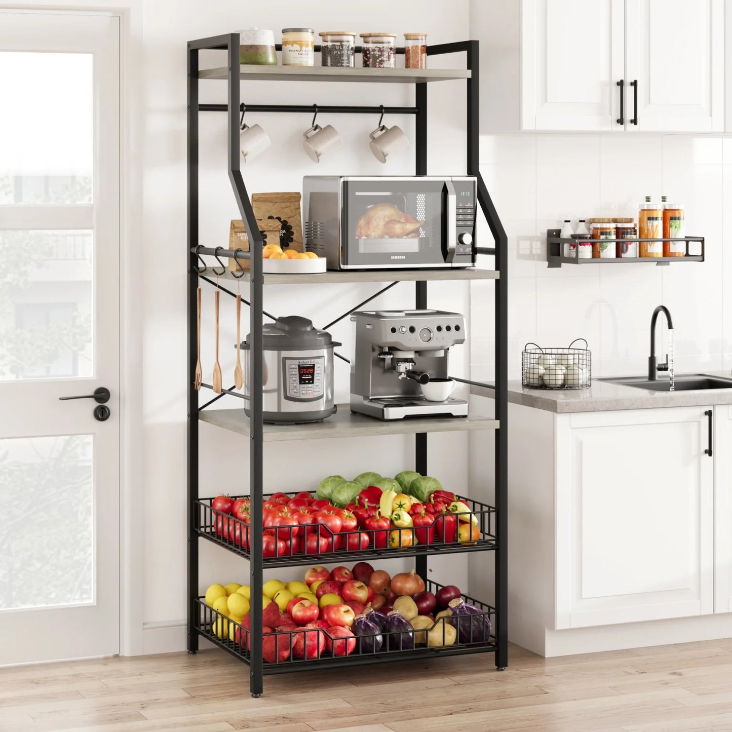 HiMISS Kitchen Bakers Rack With Microwave Stand And Baskets