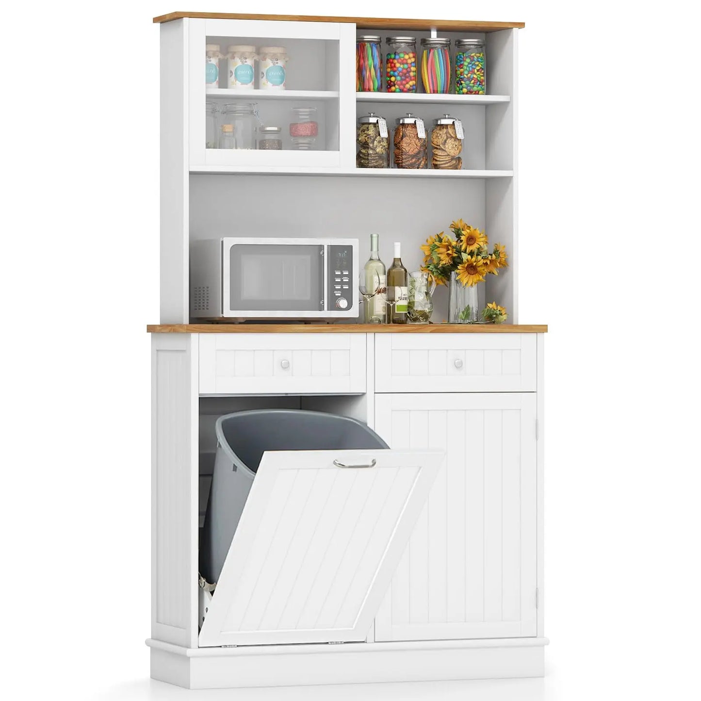 Carcase Pantry Cabinet With Tilt-Out Trash Bin And Two Drawers