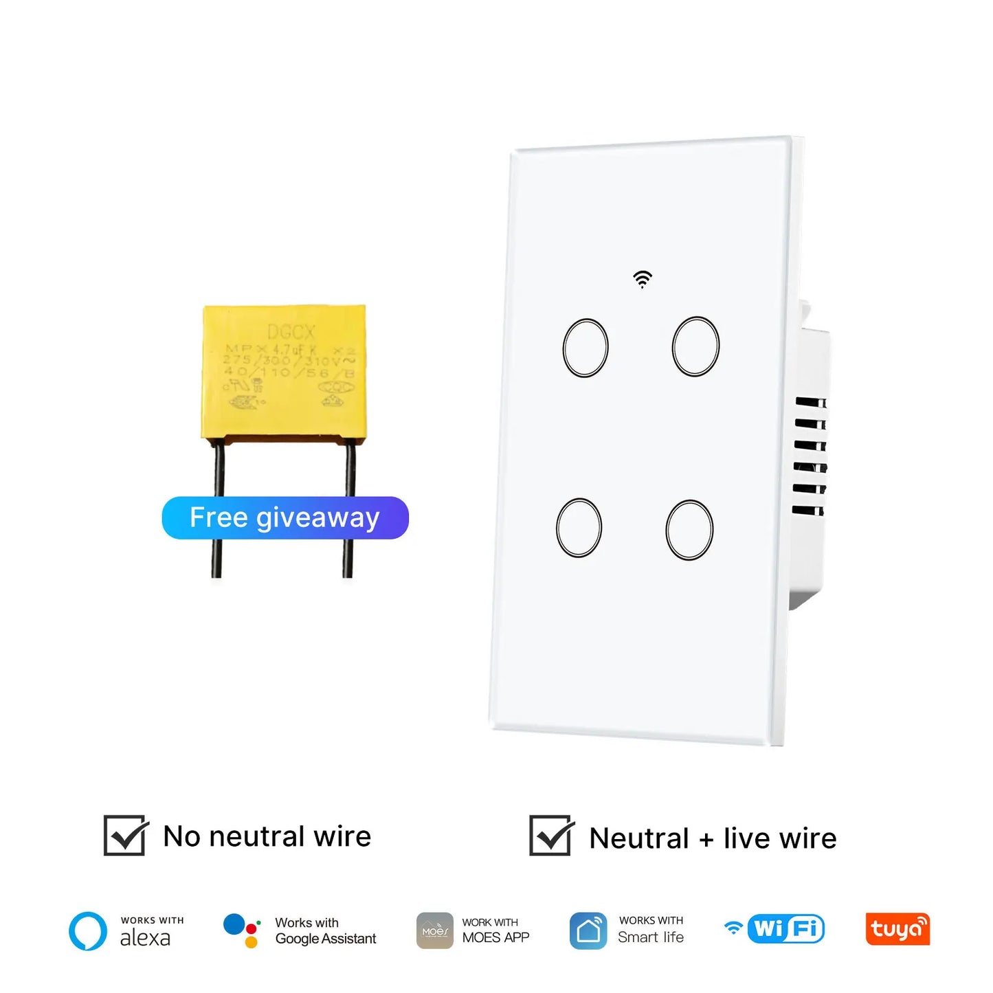 WiFi Smart Light Switch Glass Touch No Neutral Wire Works With Alexa Google Home