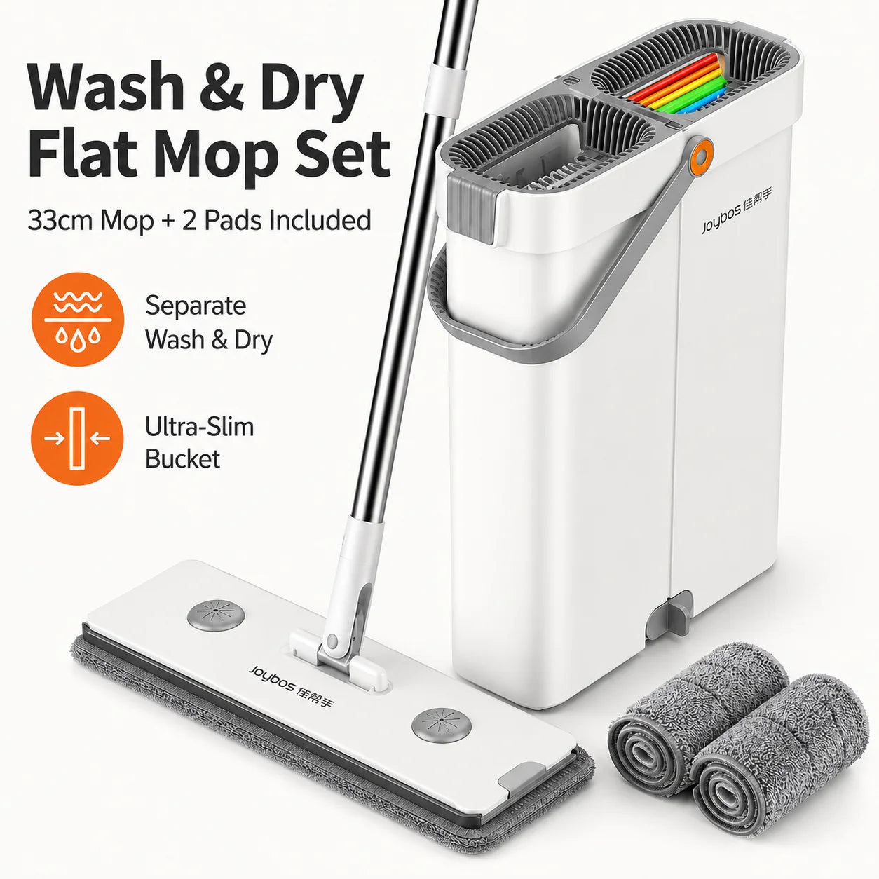 Joybos Ultra Slim Flat Mop System With Microfiber Pads