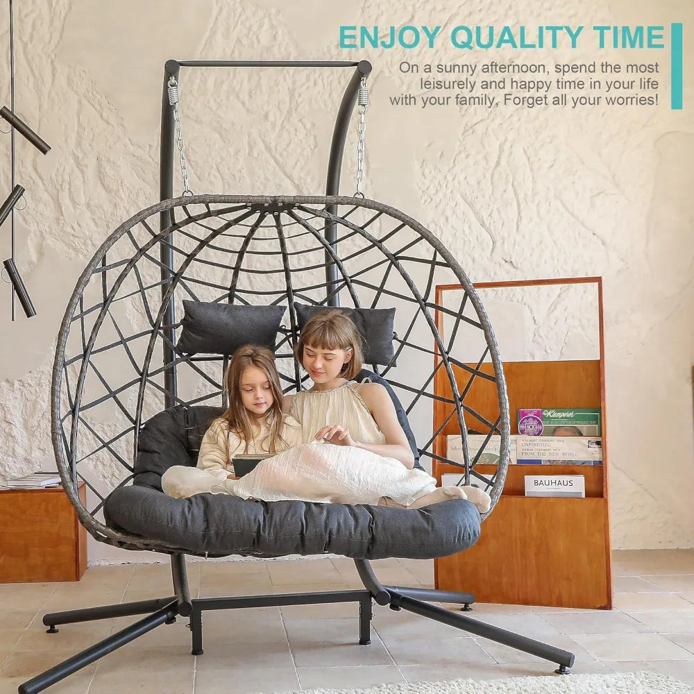 Double Egg Swing Chair With Stand For 2 Person Outdoor Hammock Cushion