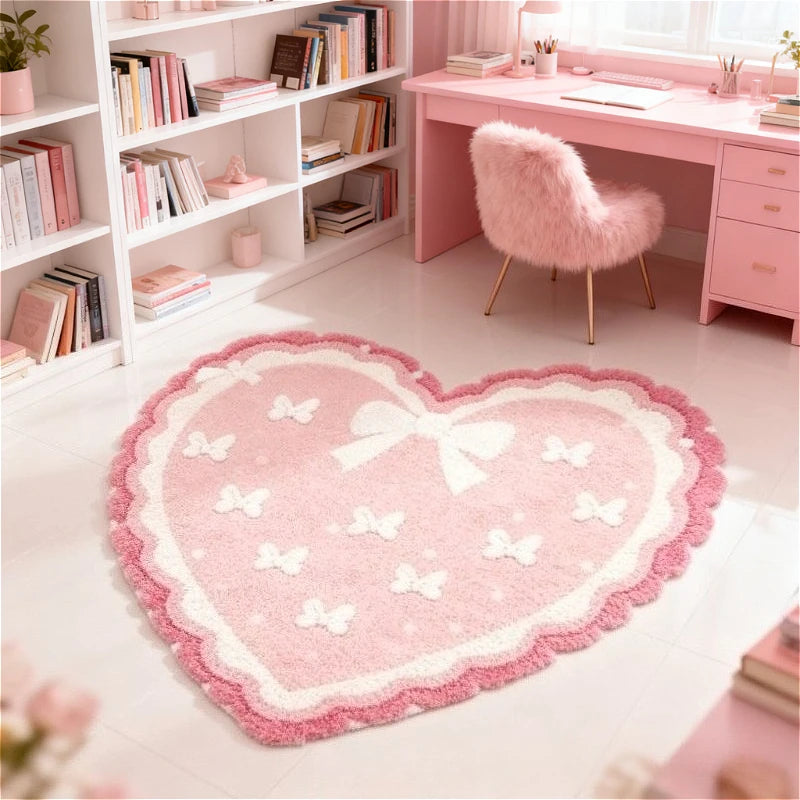 Heart Bow Plush Rug Fluffy Anti Slip Bedside Mat Bedroom