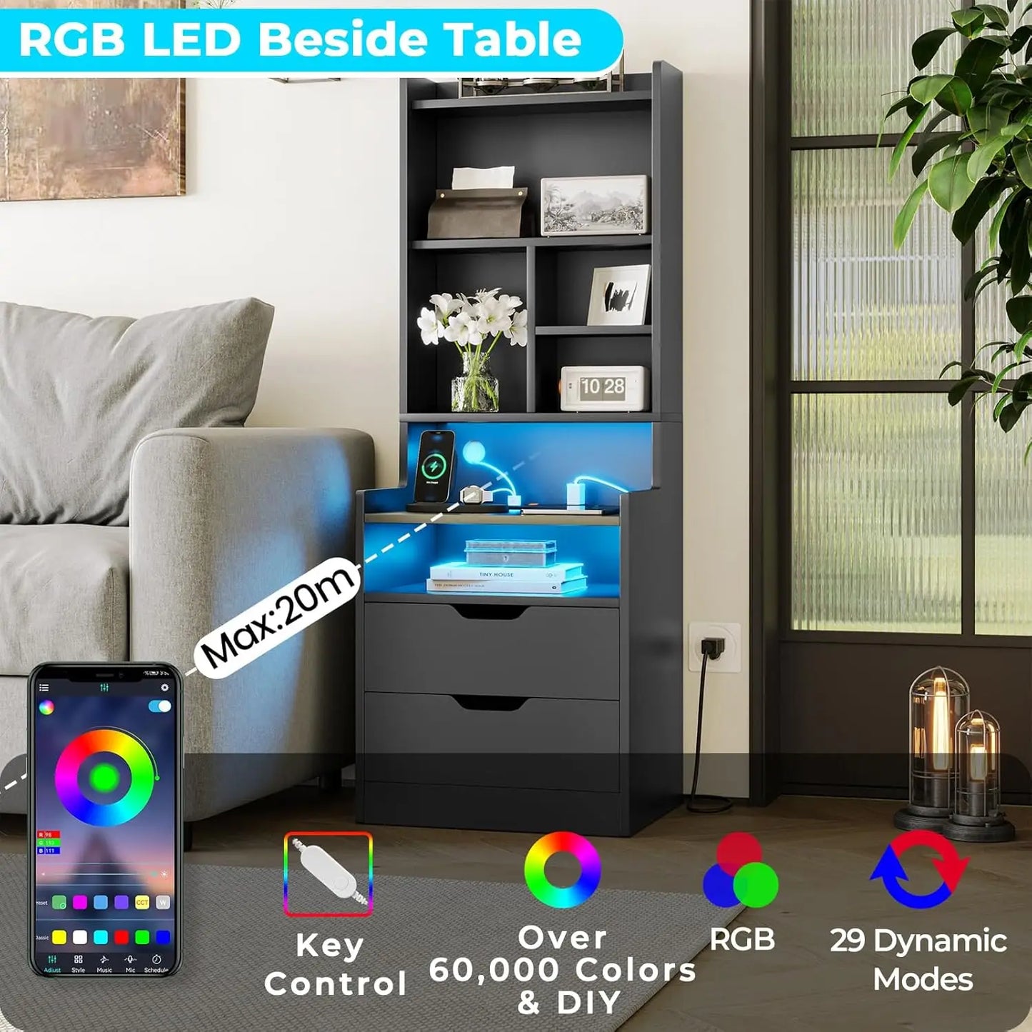 GUANGBAI Set of 2 Side Charging Nightstands With LED Lights