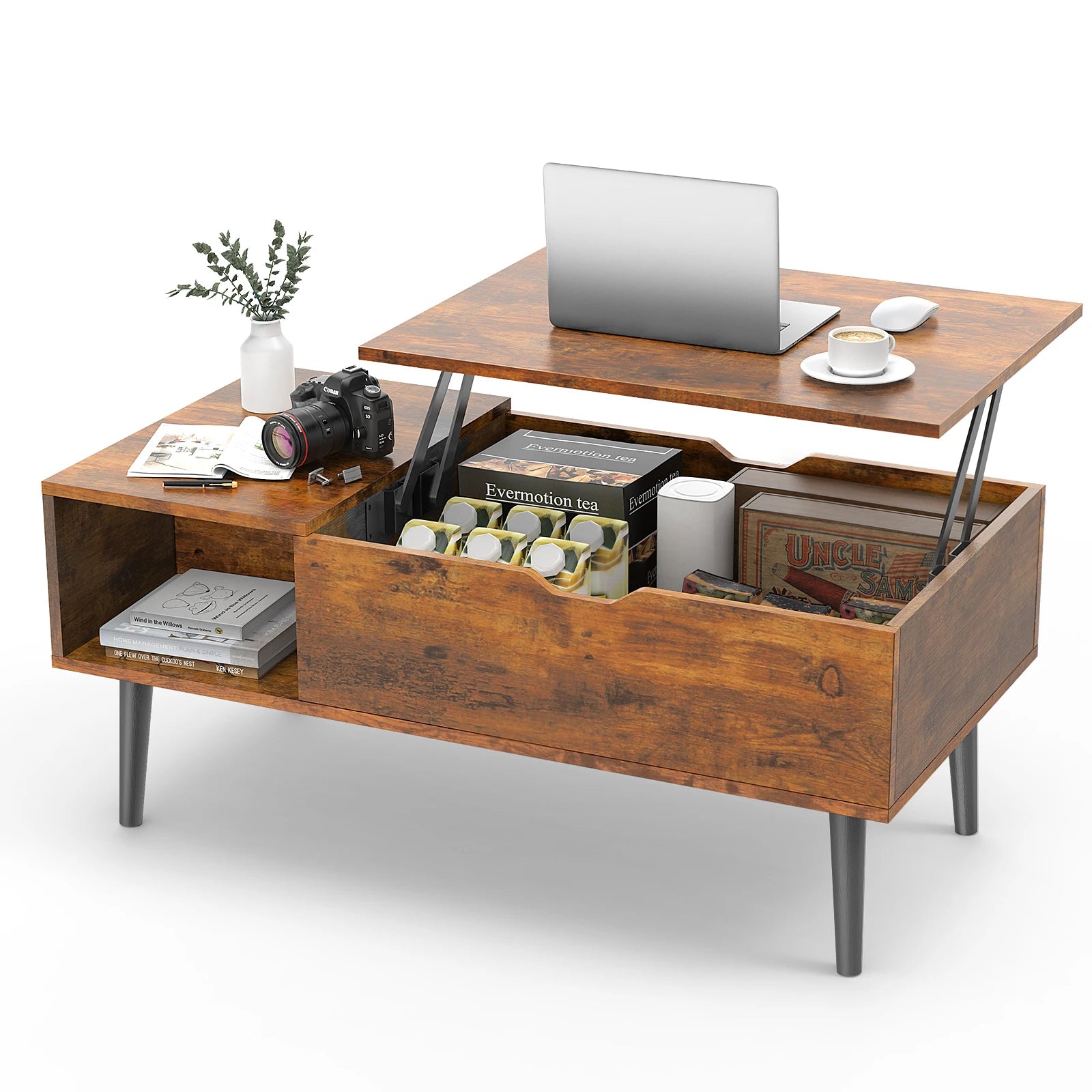 JHK Lift Top Coffee Table With Wood Storage Shelf Modern