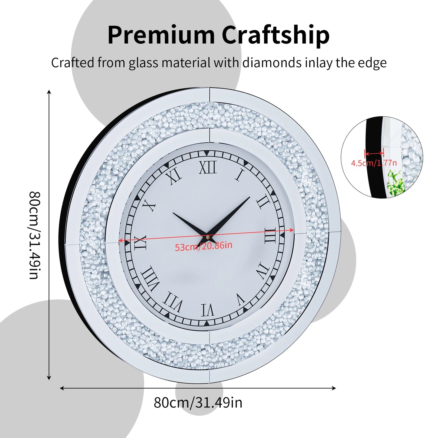 Crystal Sparkle Round Mirror Wall Clock for Living Room Decor