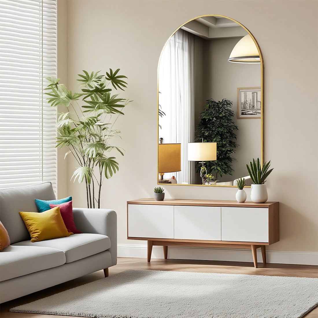 JHK Arched Metal Framed Bathroom Wall Mirror