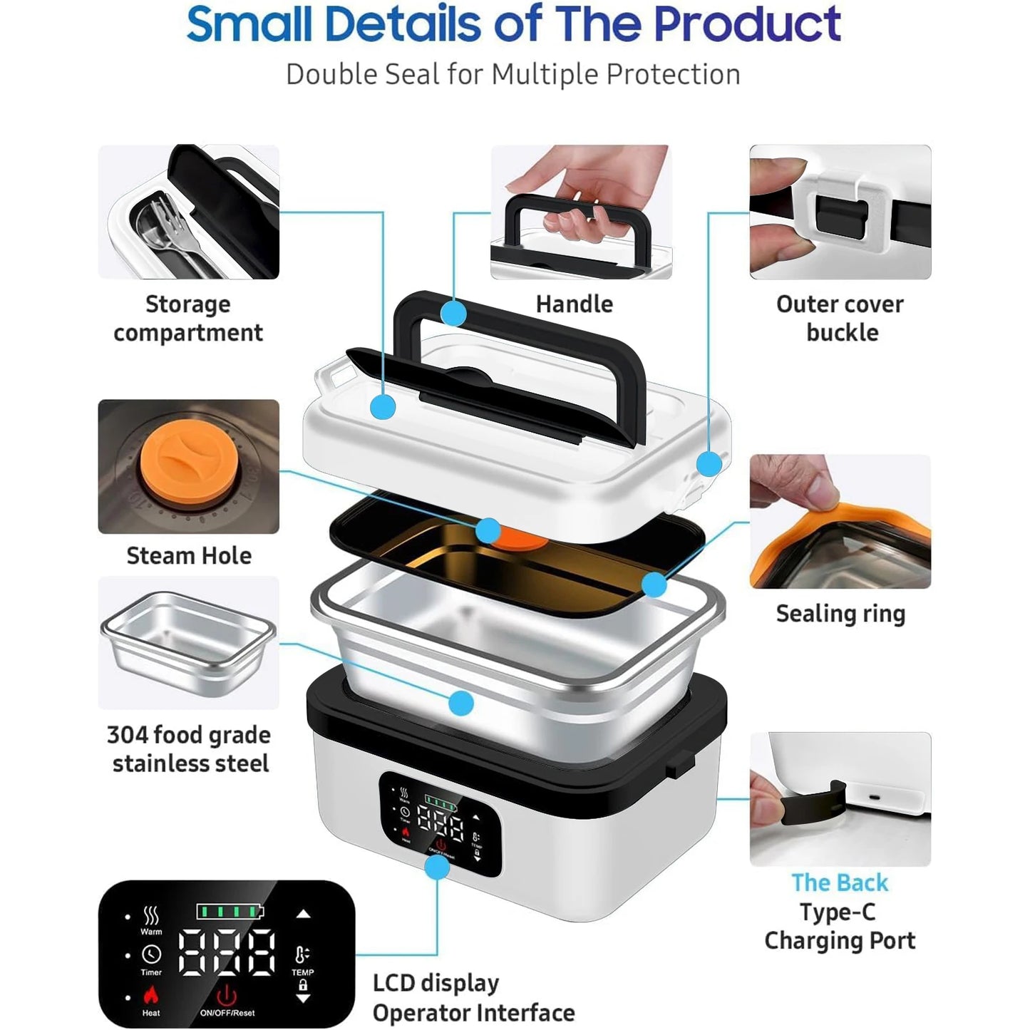 Rechargeable Lunch Box Warmer With Timer And Insulated Carrying Bag