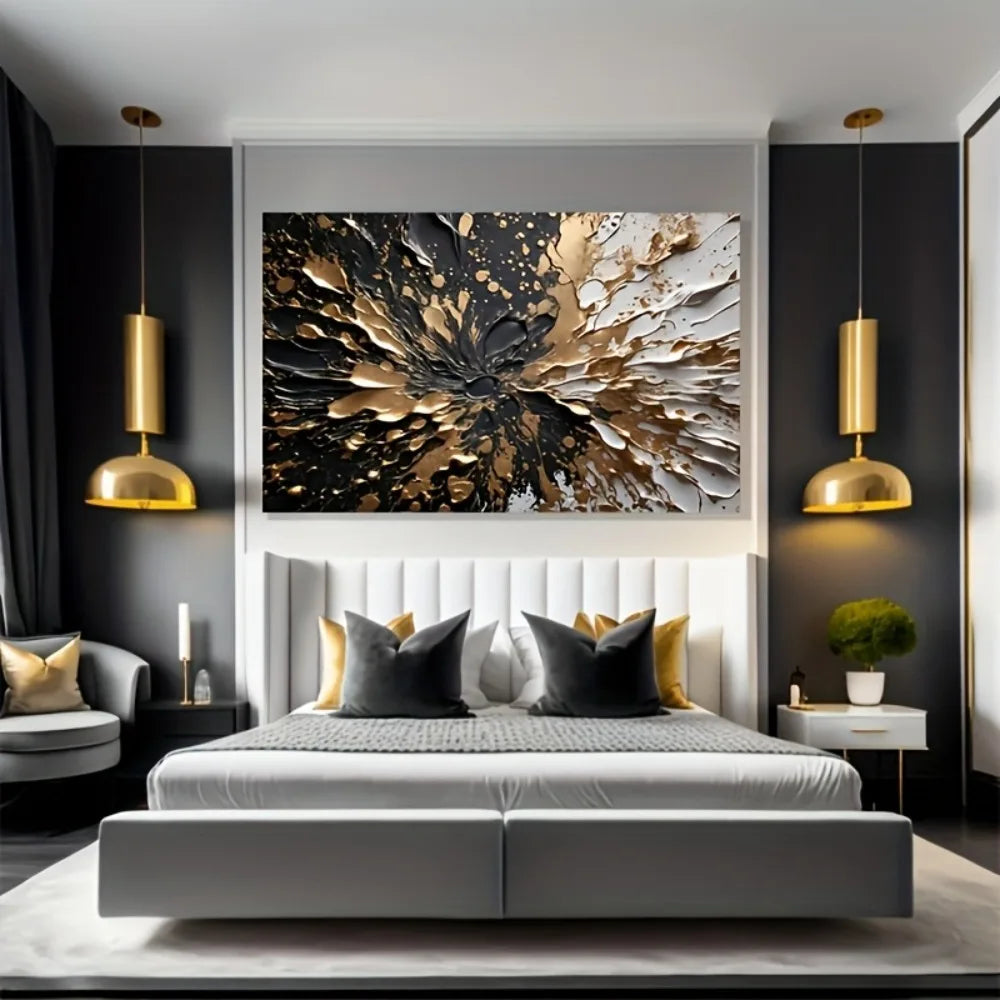 Modern Abstract Wall Mural With Black Gold Ink Splash