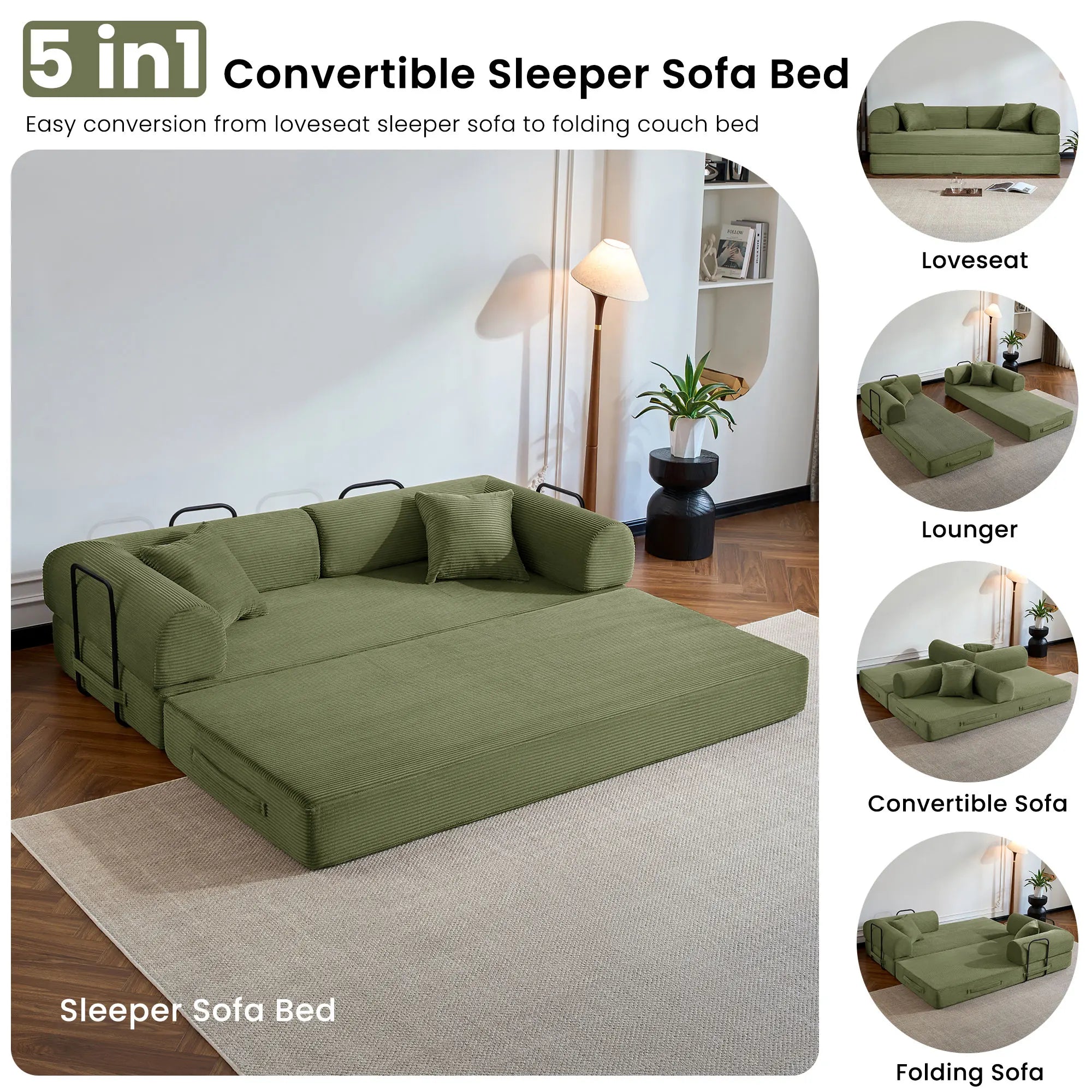 Corduroy Convertible Sofa Bed With Removable Cover For Living Room