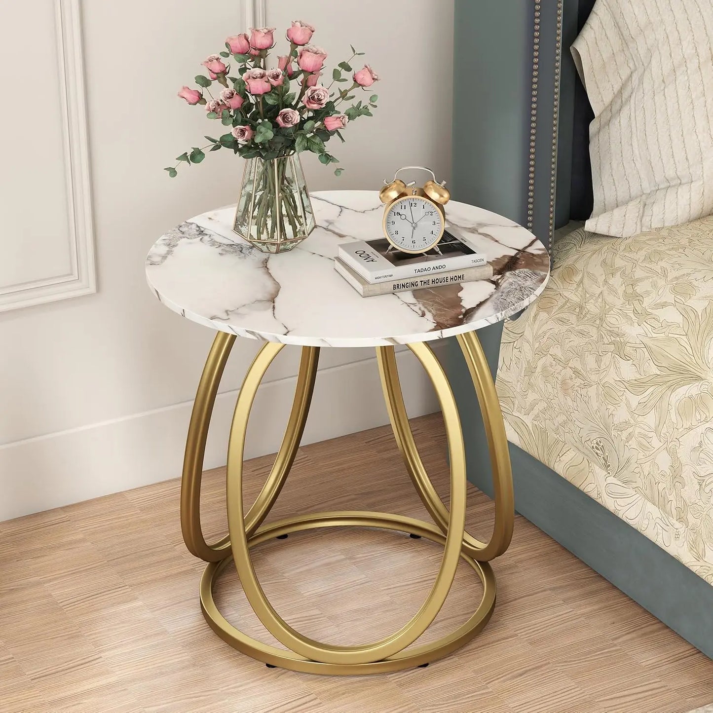 Marbled Stone Round Side Table With Metal Frame Living Room