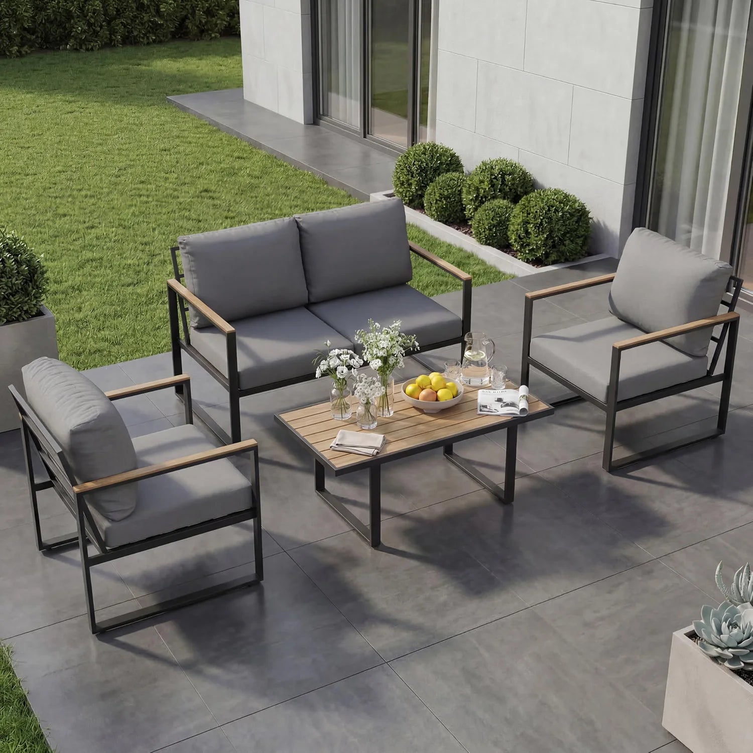 HobbyLane Modern 4 Piece Outdoor Sofa Set With Coffee Table