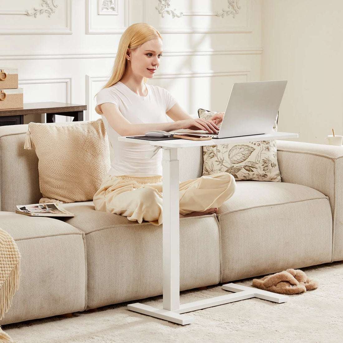 JHK Overbed Bedside Table With Hidden Wheels And Adjustable Height