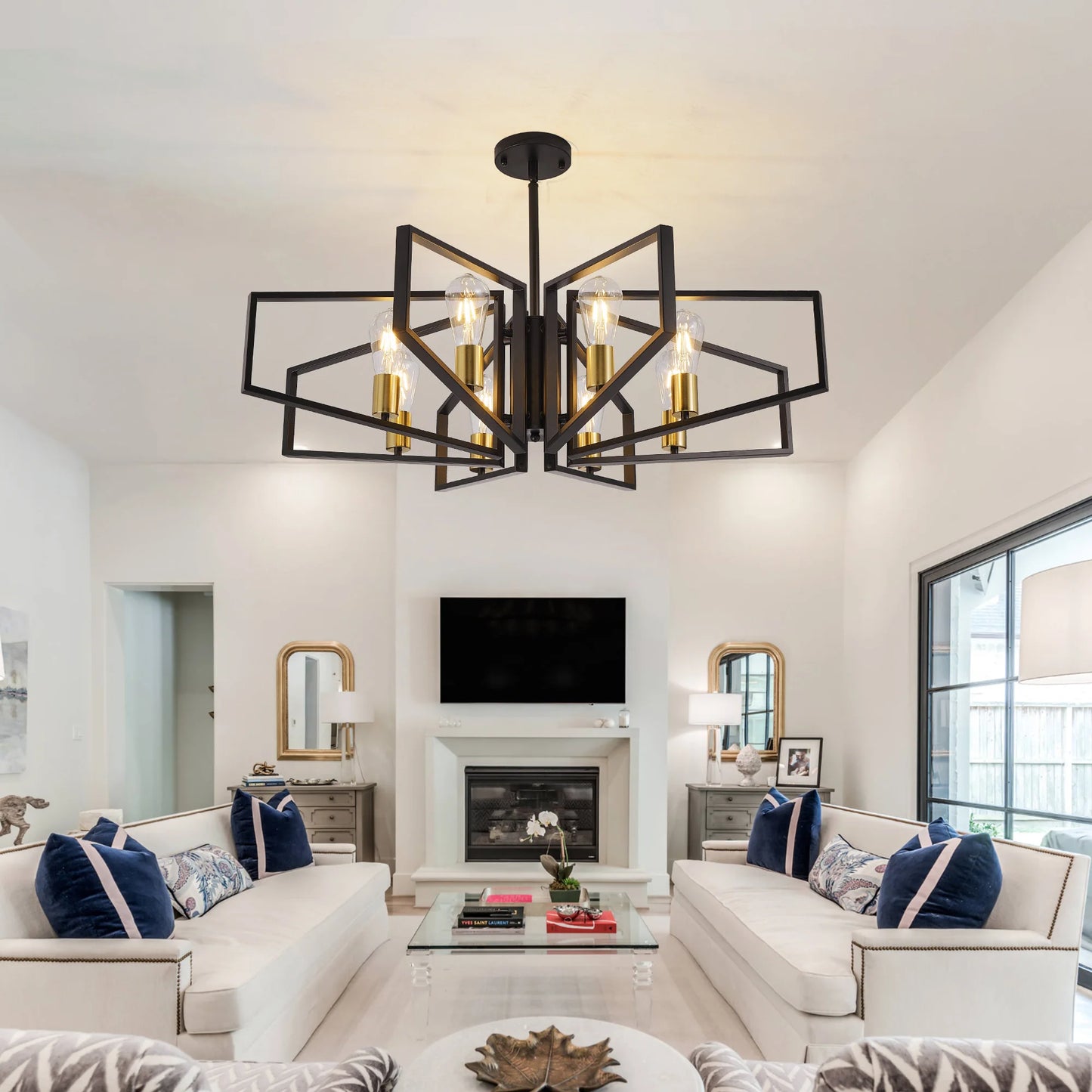 Modern 8 Light Geometric Chandelier With Adjustable Height Pendant