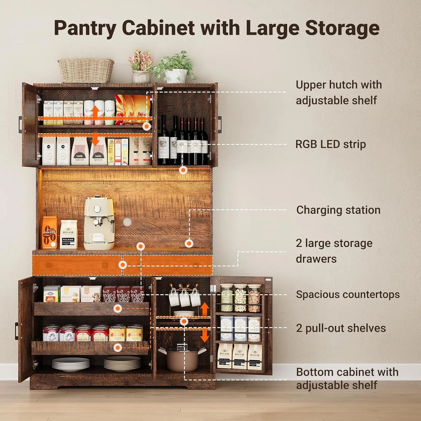 GUANGBAI Kitchen Pantry Cabinet With Charging Station And LED Lights