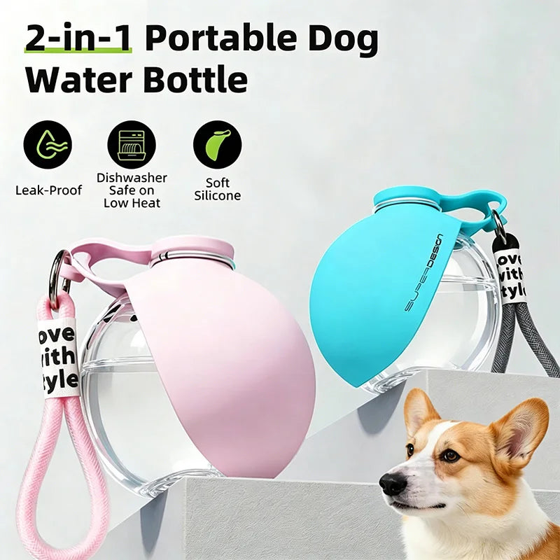 2-In-1 Portable Dog Water Bottle With Lanyard Foldable Silicone Bowl