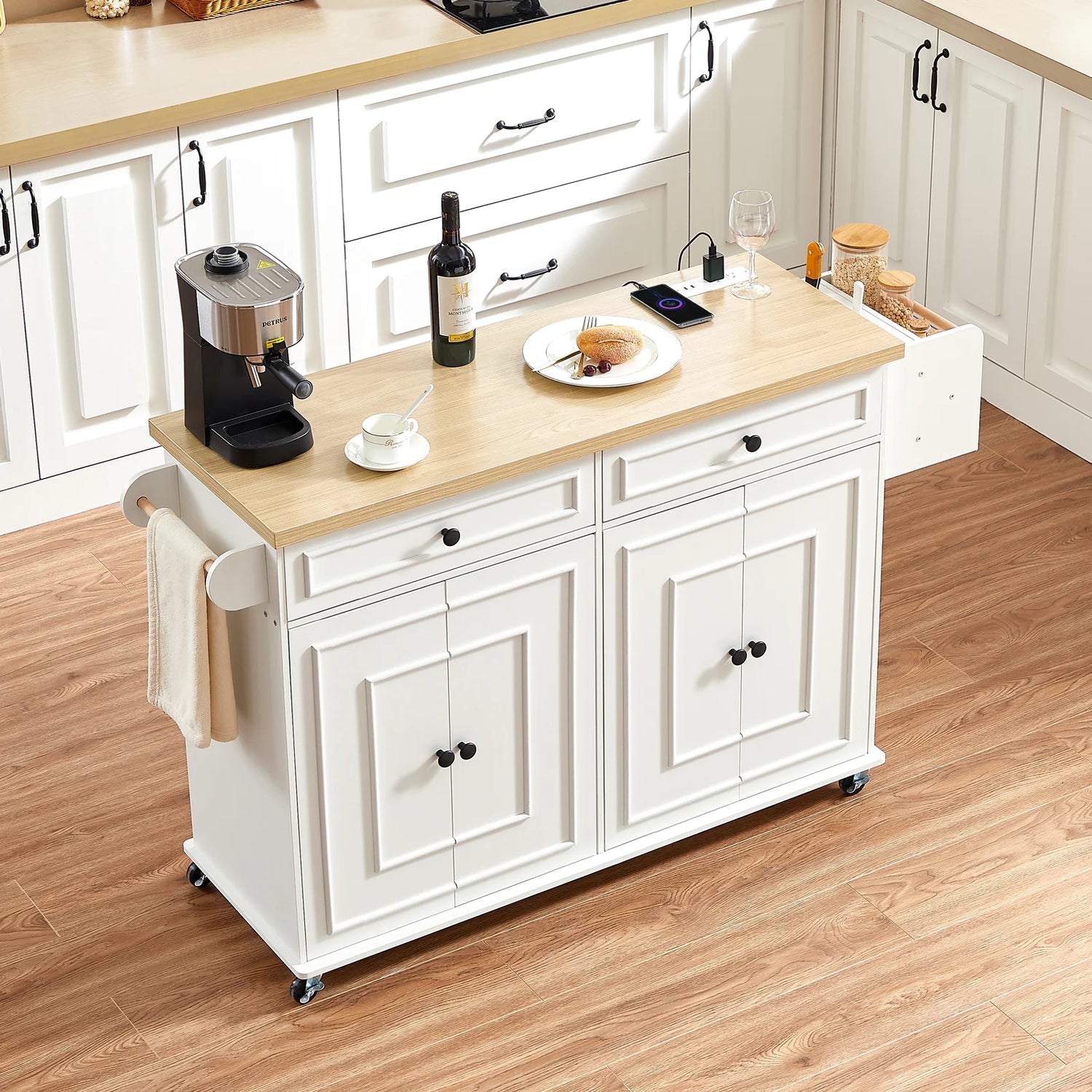 Mobile Kitchen Island With Drop Leaf Cart And Power Outlet