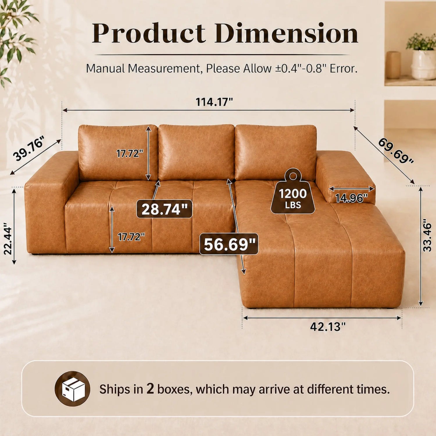 Modern Boneless L Shaped Faux Leather Sectional Sofa With Chaise