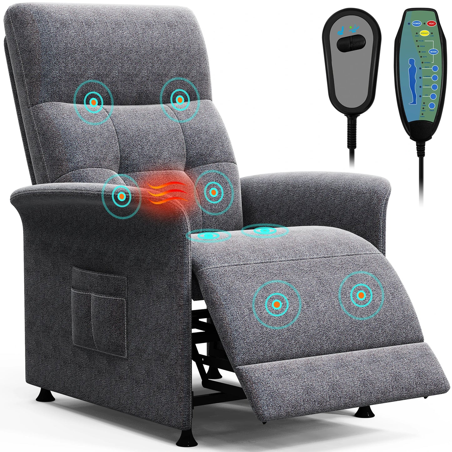 Power Recliner Chair With Heated Massage For Adults Fabric Upholstery