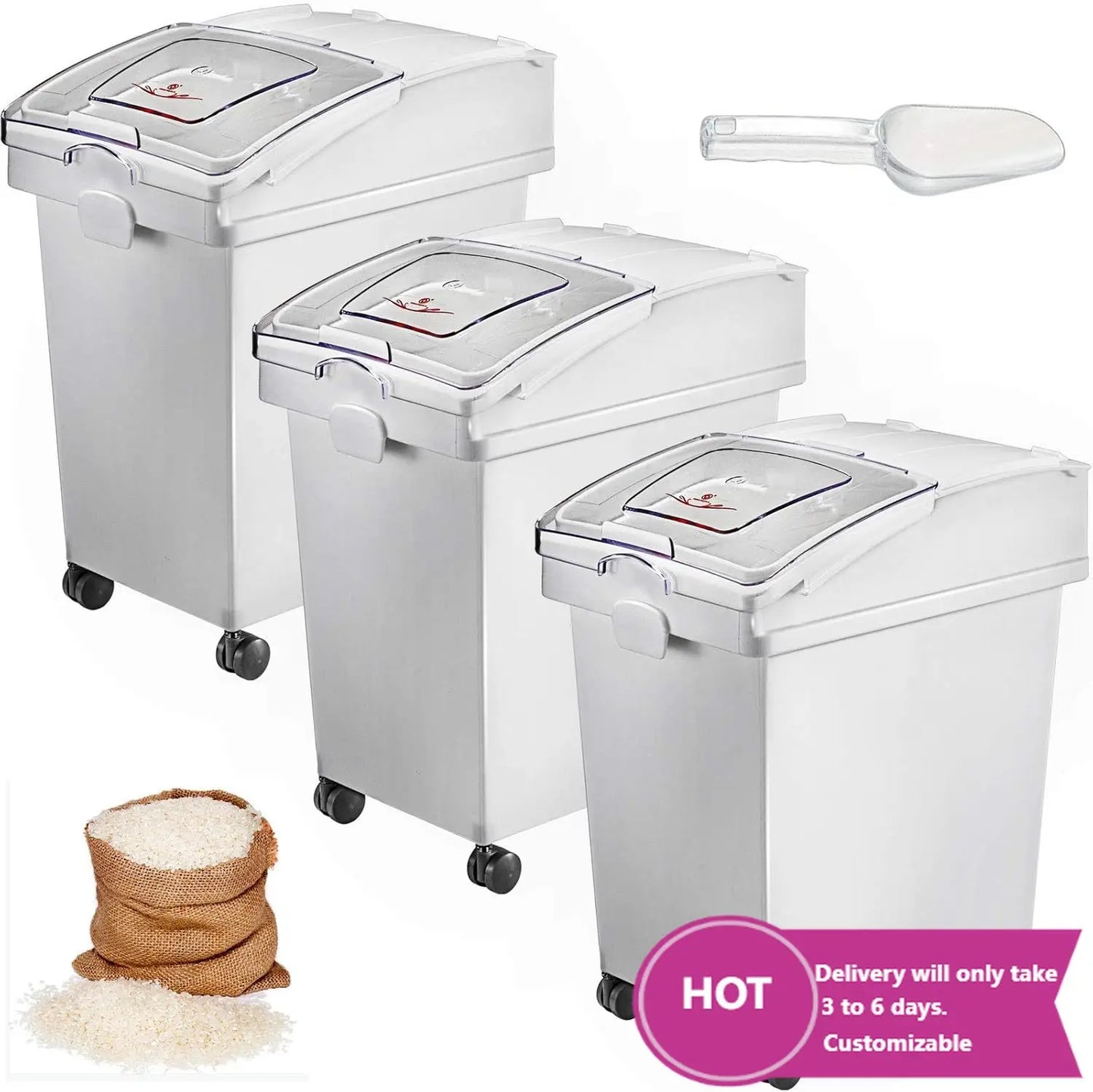 Kitchen Ingredient Storage Bin With Wheels And Sliding Lid 3 Piece Set