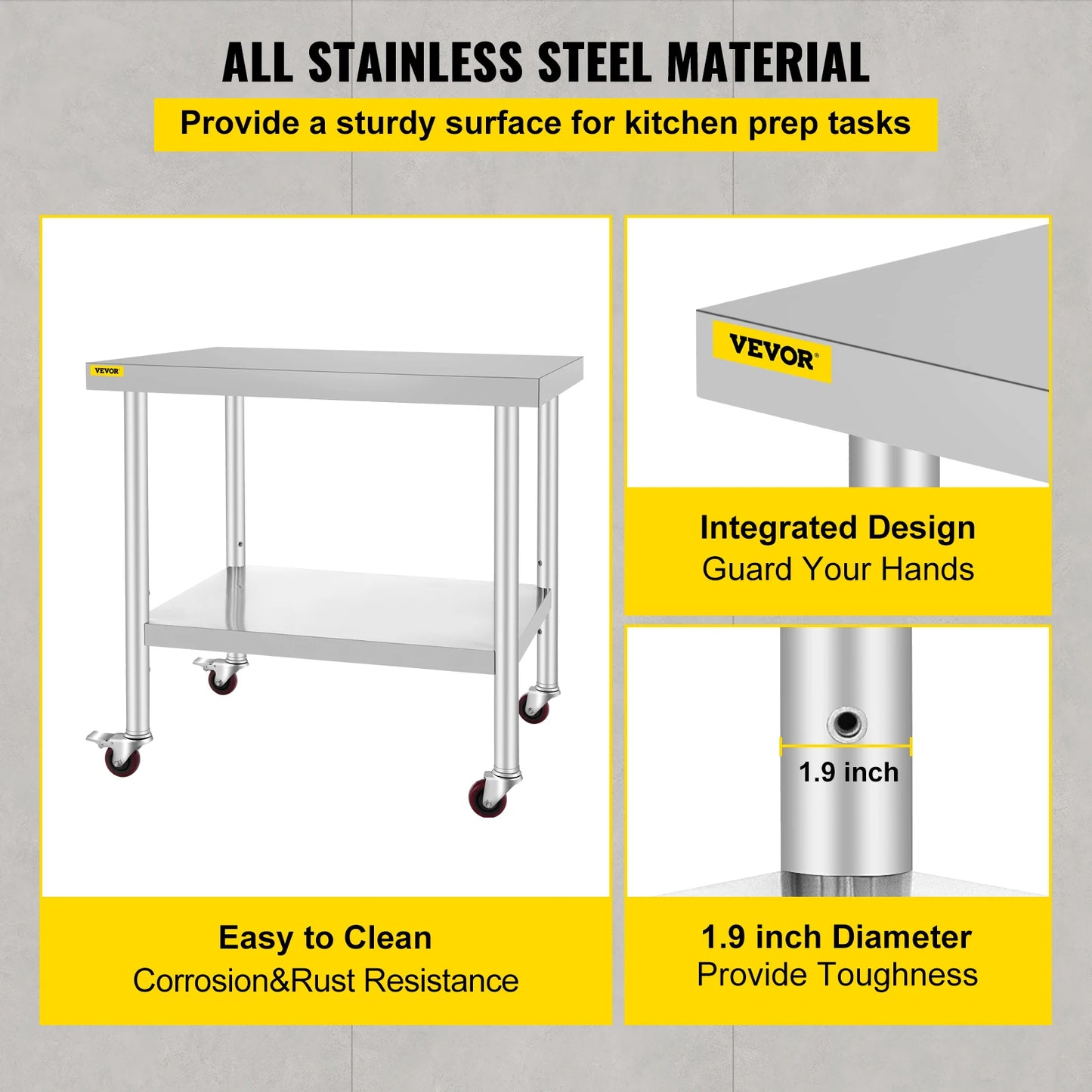 SucceBuy Stainless Steel Kitchen Prep Table With 4 Casters And Backsplash