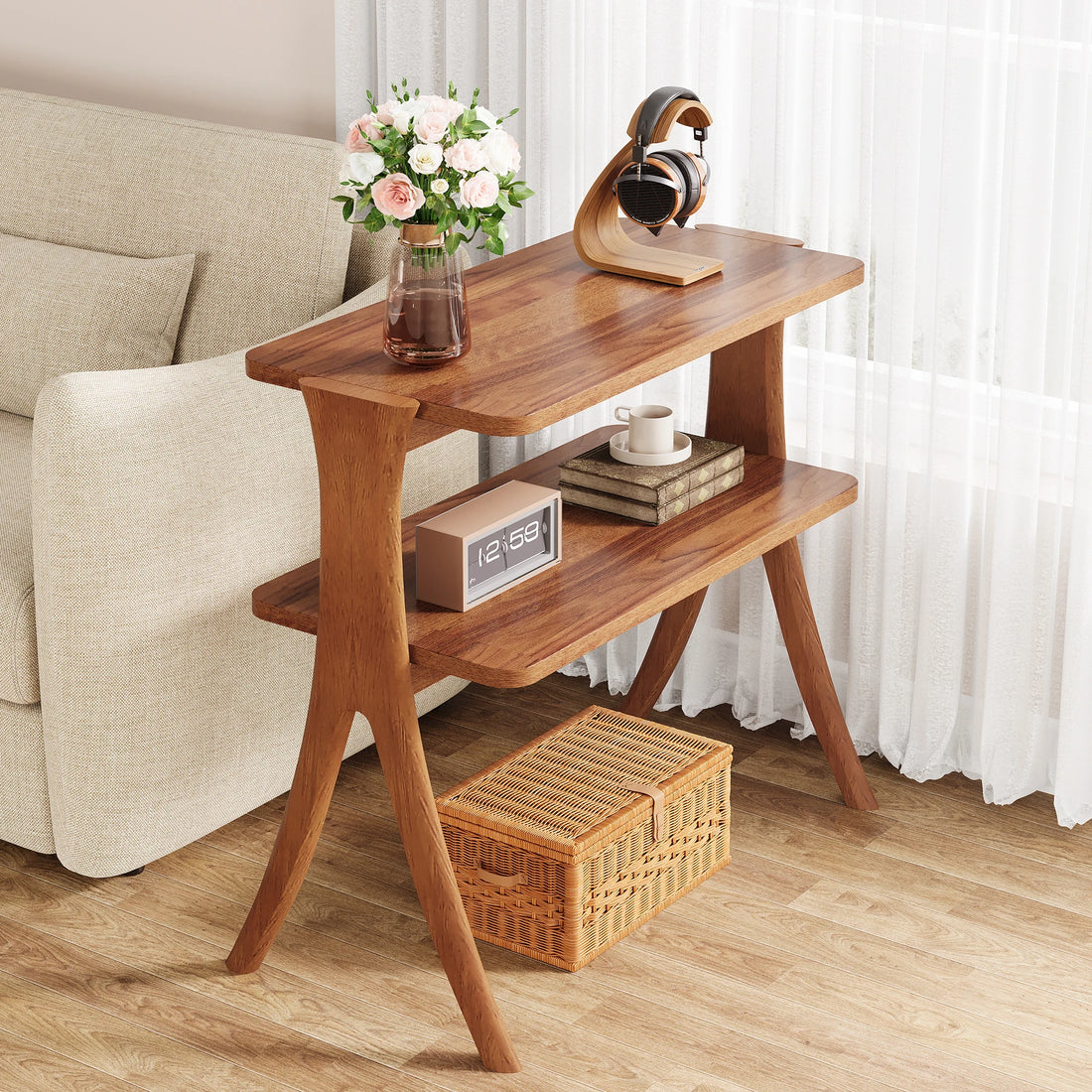 Tribesigns Side Table With 2-Tier Storage Solid Wood Legs