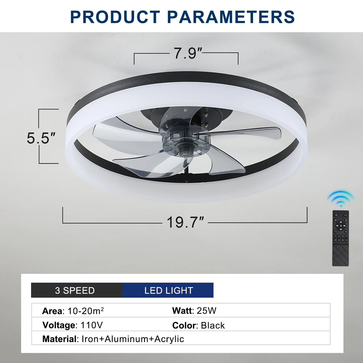 ARLGSITE LED Ceiling Fan Light With Remote Dimmable 6-Speed