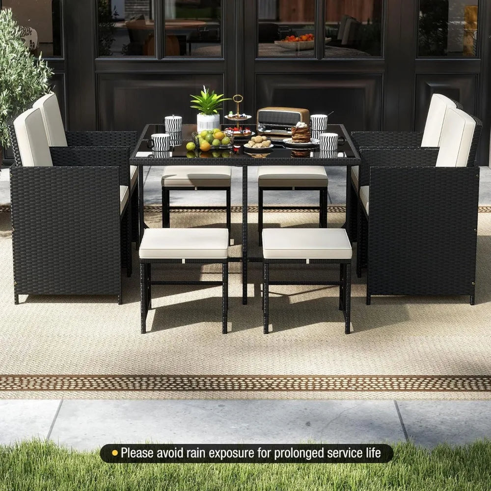 Outdoor 9 Piece Patio Dining Set With Rattan Chairs Table