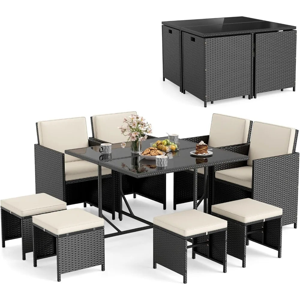 Outdoor 9 Piece Patio Dining Set With Rattan Chairs Table