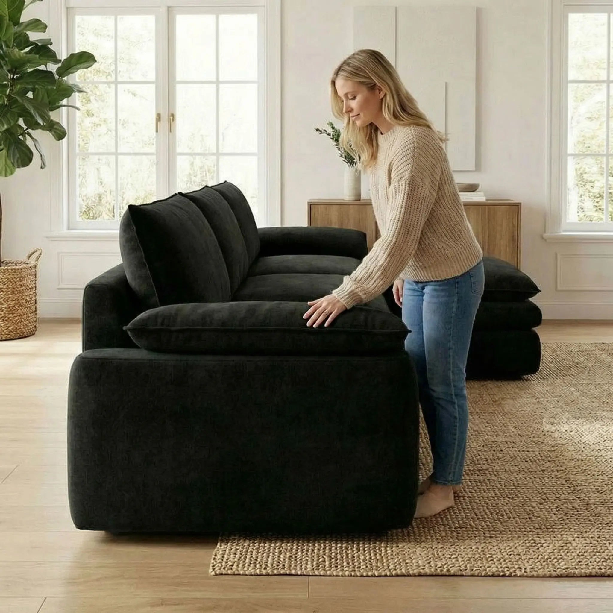 Chenille L Shaped Sectional Featuring Deep Seat And Chaise Lounge