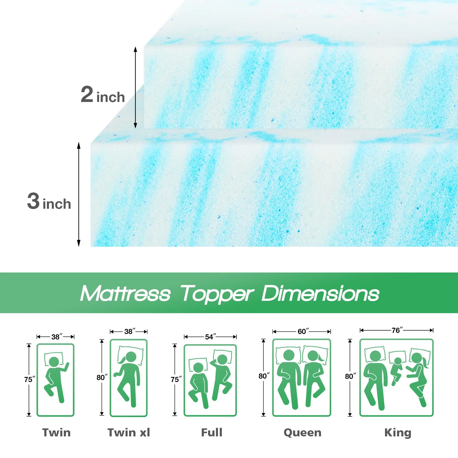JHK Gel Memory Foam Mattress Topper Cooling Sleep Surface
