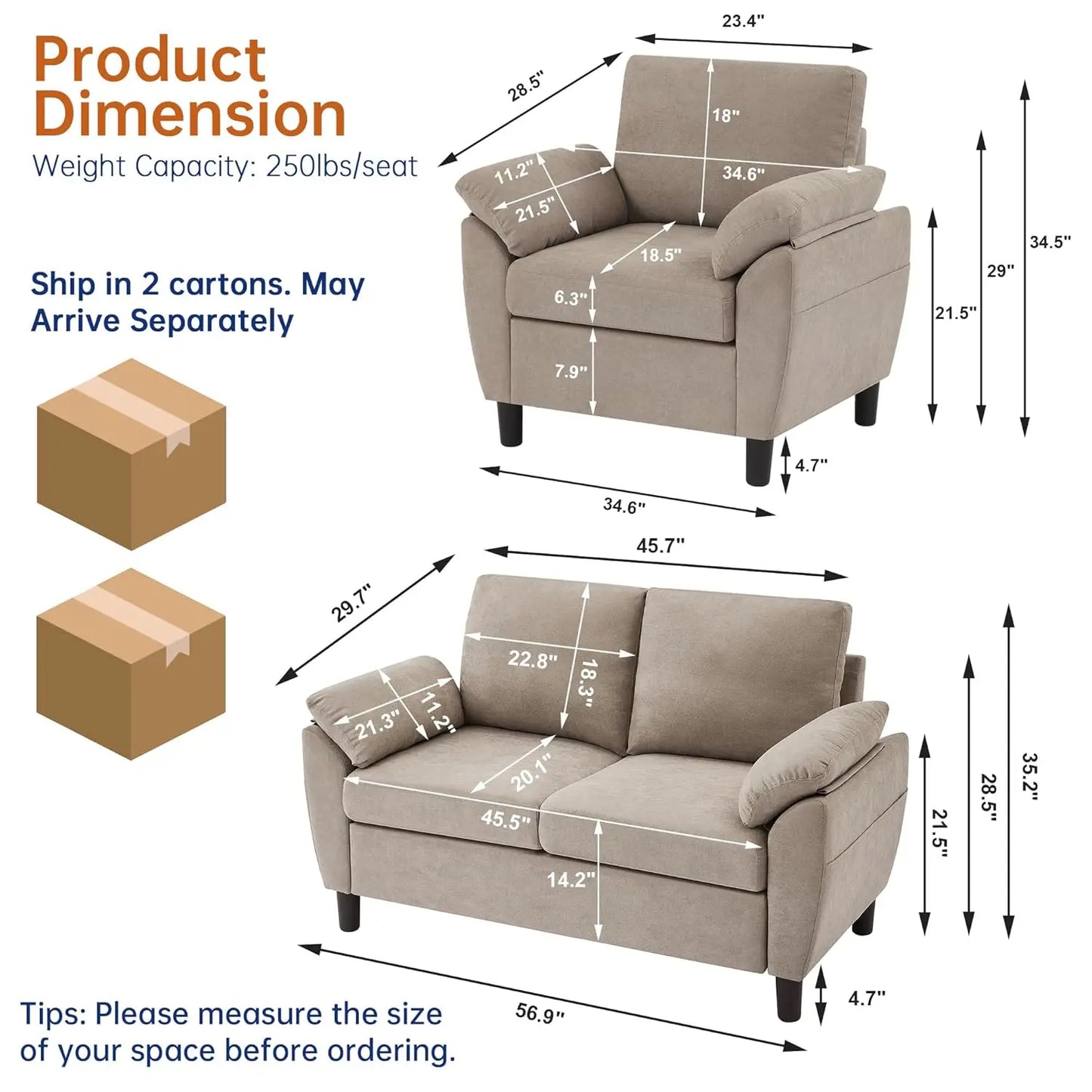 Two-Piece Linen Sectional Loveseat and Chair Set