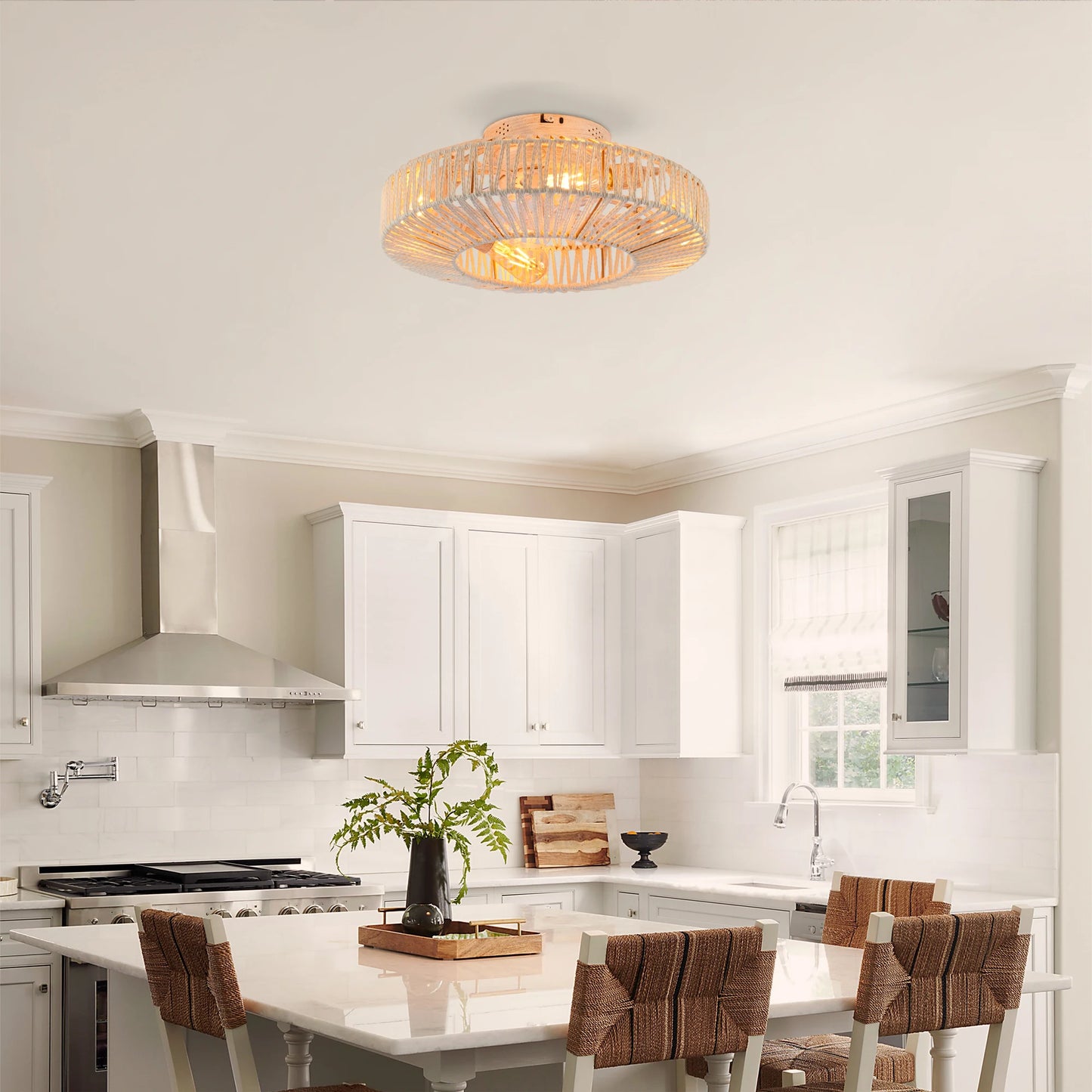 Linen Rope Cage Flush Mount Ceiling Fan With Lights