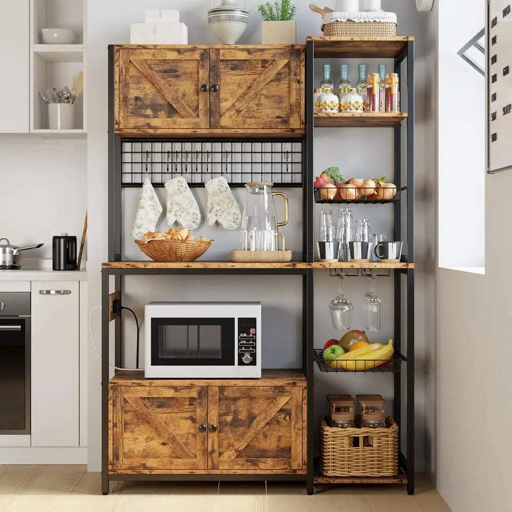 IRONCK Bakers Rack With Storage Cabinets And Power Outlet