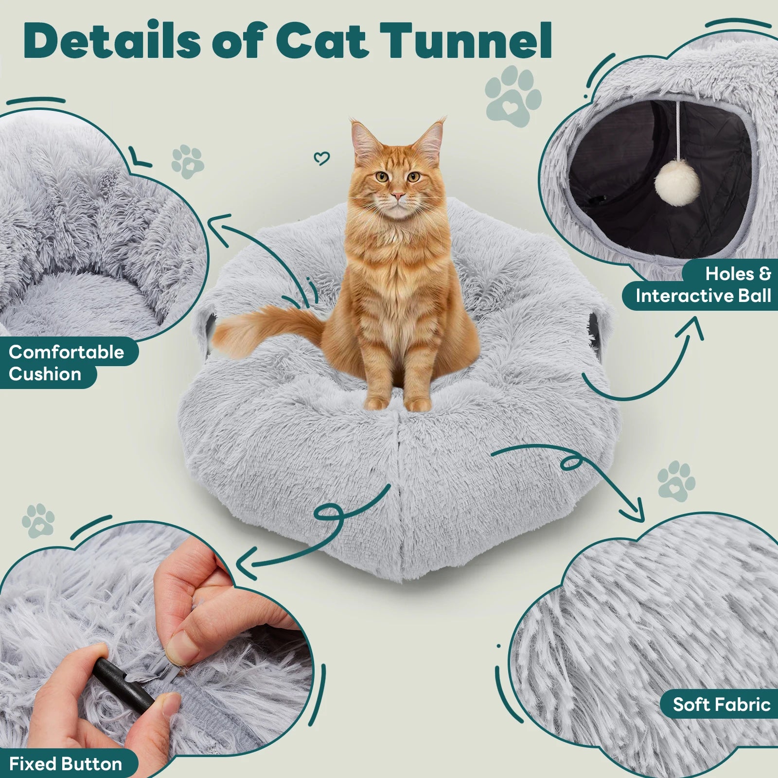 JHK Cat Tunnel Bed Indoor Plush Washable Multifunctional Playground