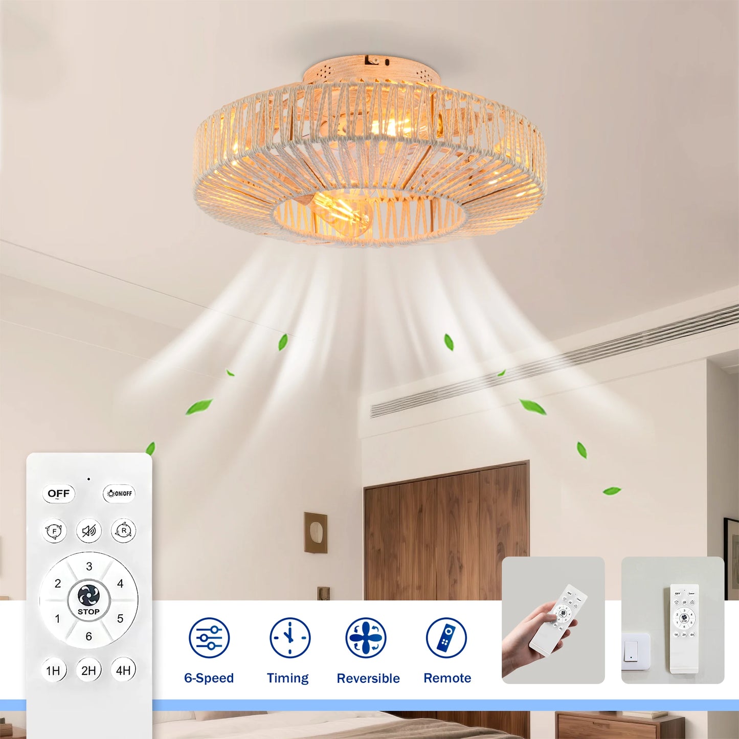 Linen Rope Cage Flush Mount Ceiling Fan With Lights