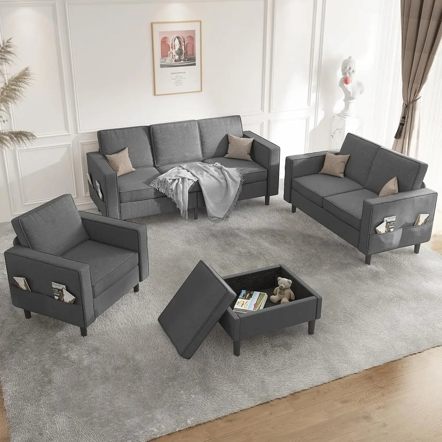 L Shaped Sectional Sofa Set For Living Room With Ottoman