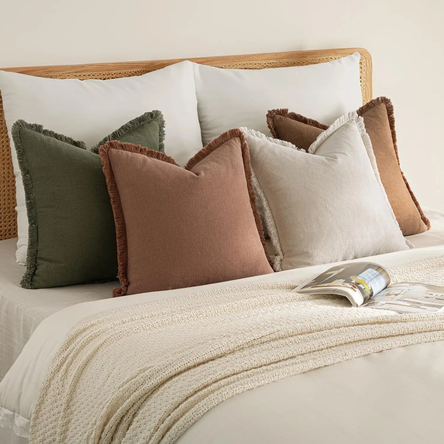 Neutral Linen Fringe Throw Pillows Set For Living Room Decor