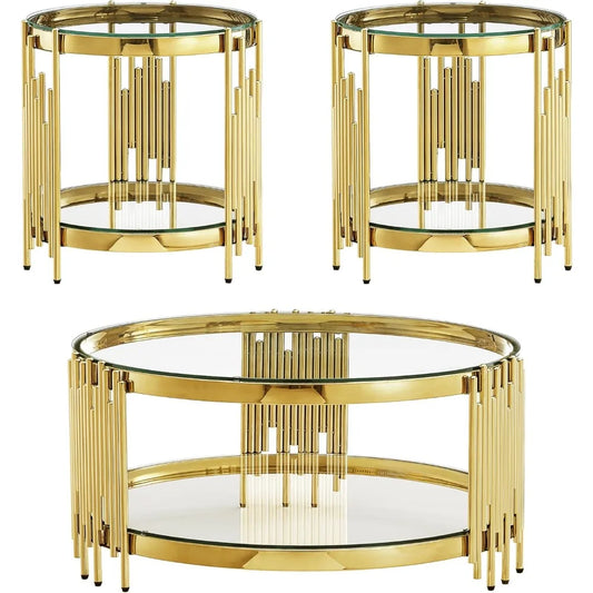 MKDK 3-Piece Glass Coffee Table Set With End Tables