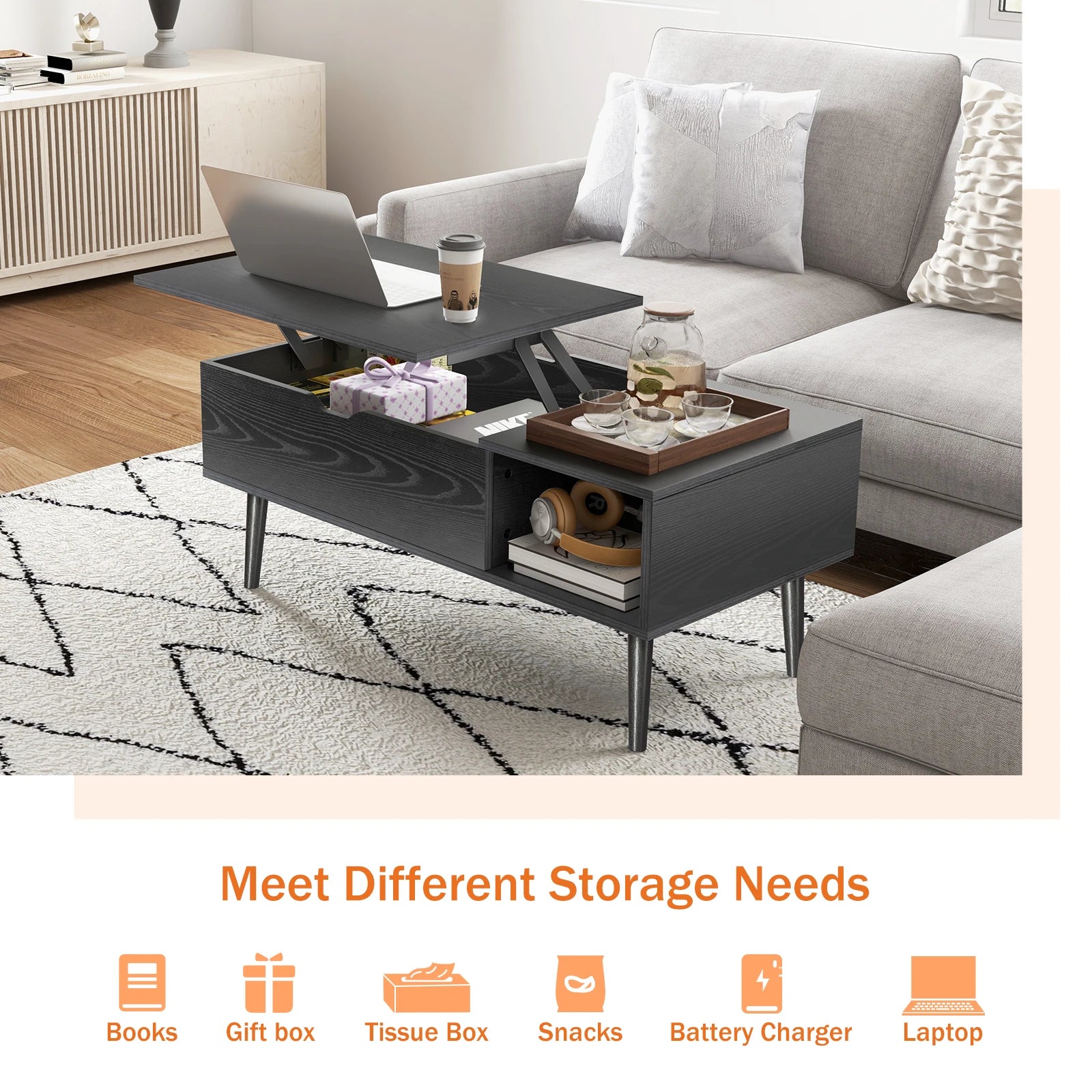 JHK Lift Top Coffee Table With Wood Storage Shelf Modern