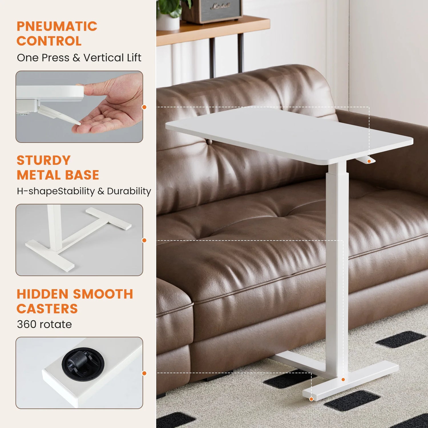 JHK Overbed Bedside Table With Hidden Wheels And Adjustable Height