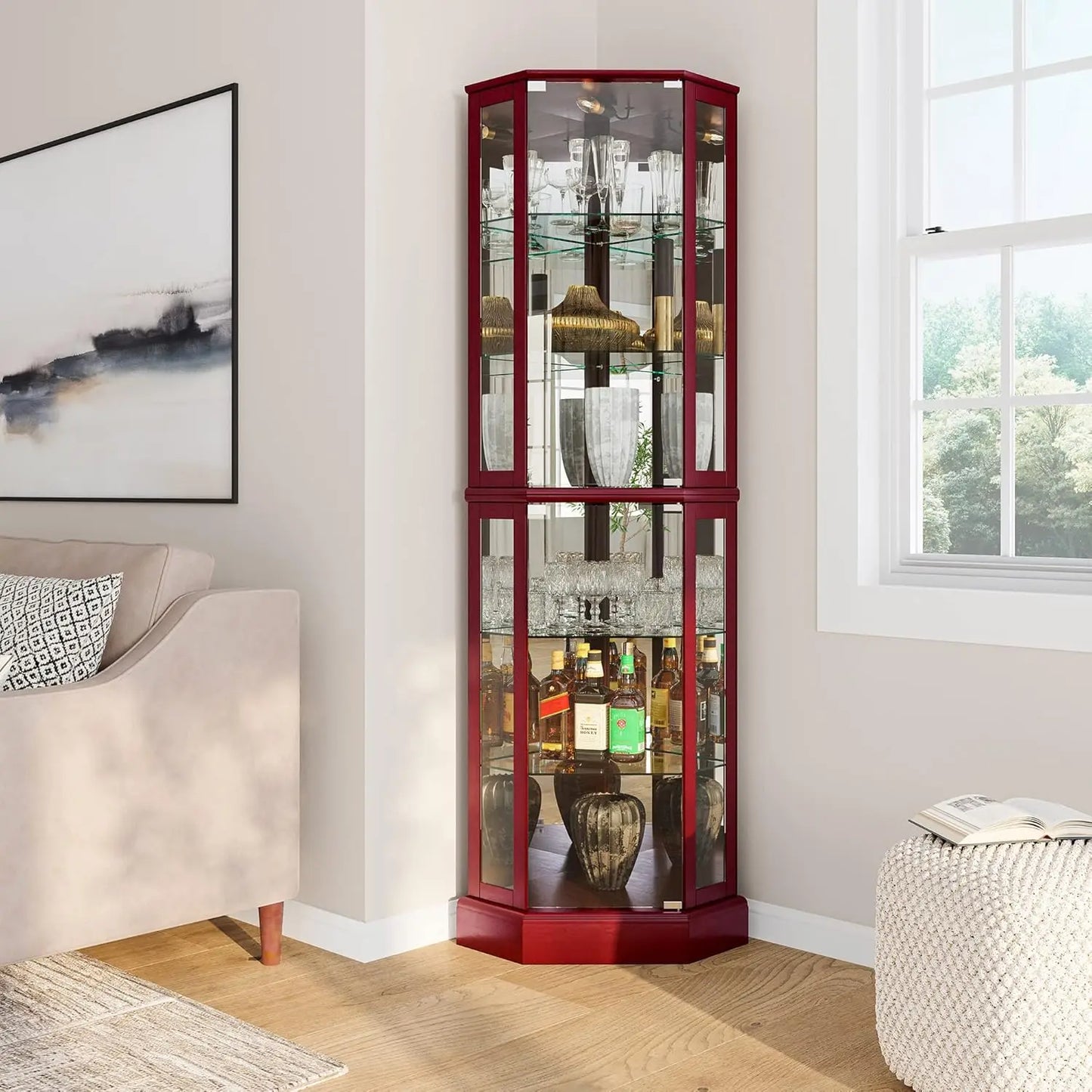 Lighted Corner Curio Cabinet With Tempered Glass Door And Shelves