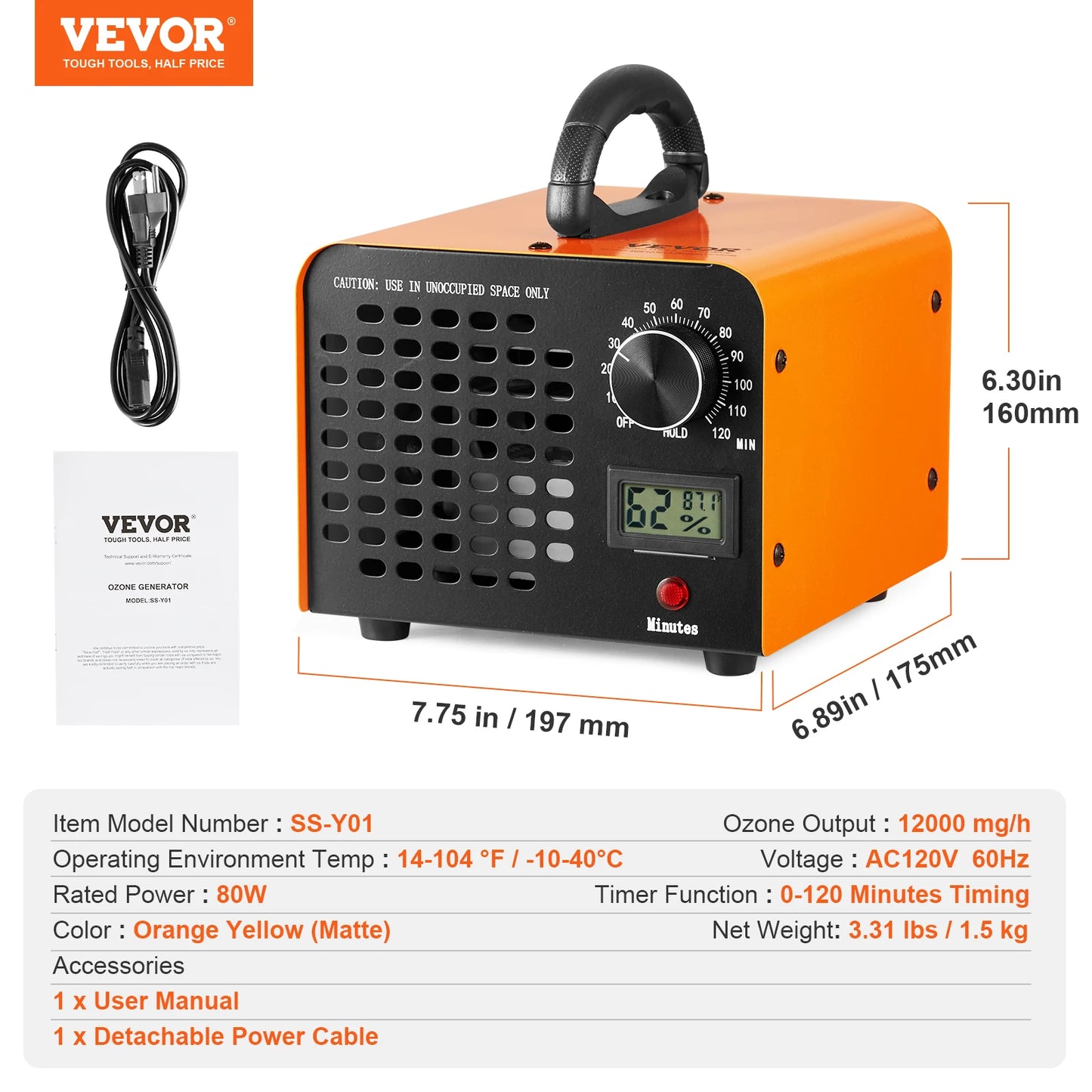 VEVOR Ozone Generator 12000 24000 36000 Mgh Odor Remover