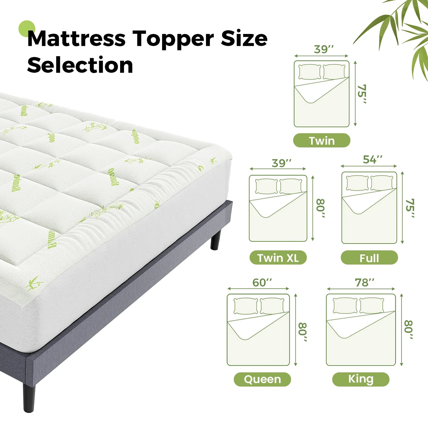 JHK Bamboo Fiber Mattress Topper With Deep Pockets Back Relief